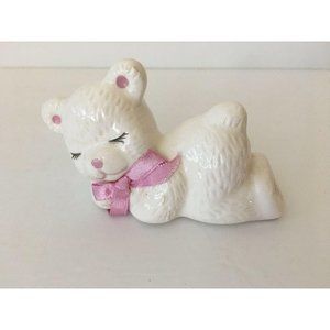 1991 LOOMCO Ceramic Sleeping Bear Figurine White Bear With Pink Bow Tie 4''